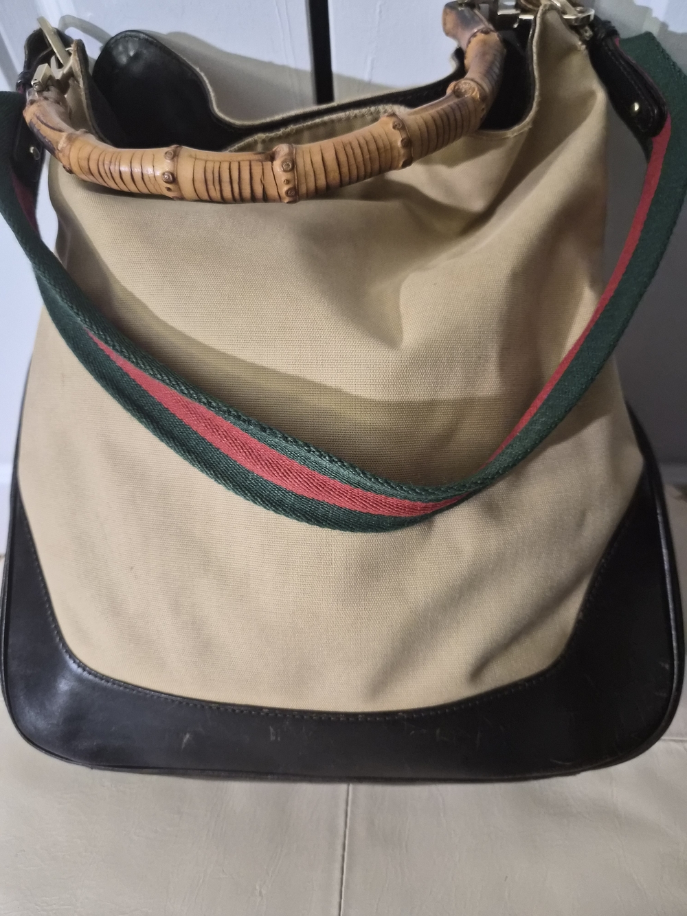 Gucci / Leather Canvas Hobo Bag with Bamboo Handle and Striped Strap